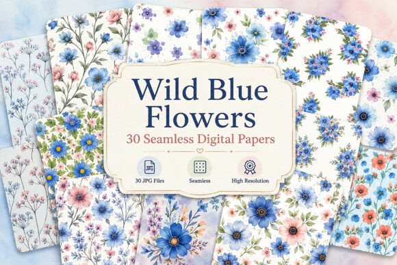 Download Wild Blue Flowers Digital Paper Pack - Blue Collection